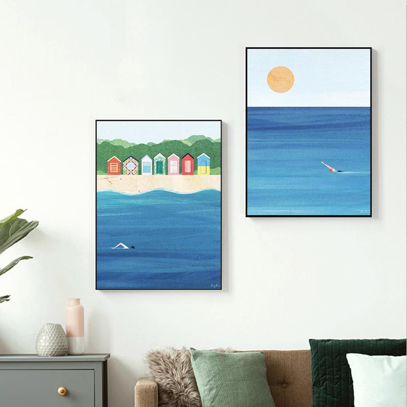 Абстрактное летнее плавание, прыжки, серфинг, морской пейзаж, постеры, холст, картина, минималистичная настенная картина, принт, гостиная, домашний декор
