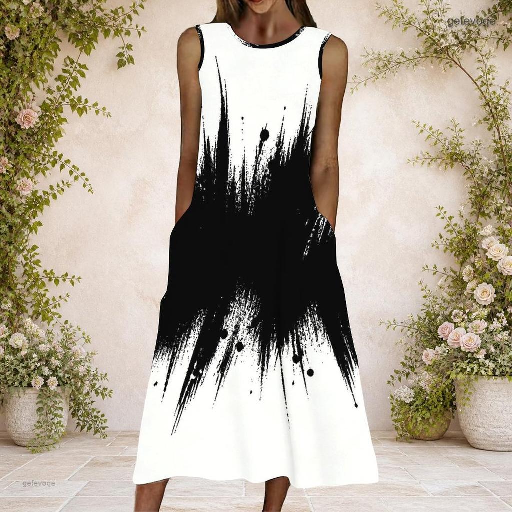Women Plus Size Round Neck Sleeveless Black White Printed A Line Maxi Dress With Side Pockets