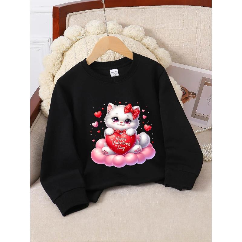 European sizes Crewneck Sweatshirt for Kids Featuring an Adorable Cat Heart Design, Ideal for Both Sports And Casual Outings. Soft And Comfy