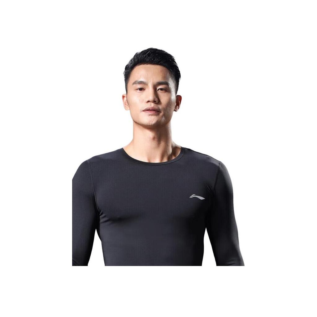 Li Ning Plain Logo Print Round Neck Pullover Long Sleeve T-Shirt Men Tops Black AUDN125-1