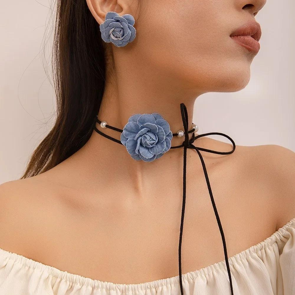 Синий джинсовый чокер-ожерелье с цветком и серьгами для женщин, модная бижутерия на шнурке-цепочке с завязками