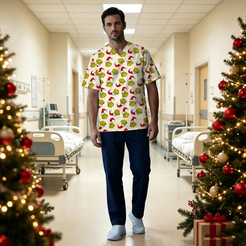 Мужской медицинский топ с рождественским принтом, V-образным вырезом, короткими рукавами и нагрудным карманом