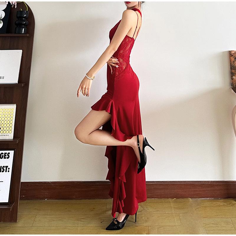 Сексуальное платье-слинг с косым воротником, женское кружевное лоскутное платье с открытой спиной и рукавами, облегающее длинное платье 2025 года, новое женское вечернее платье с оборками и разрезом