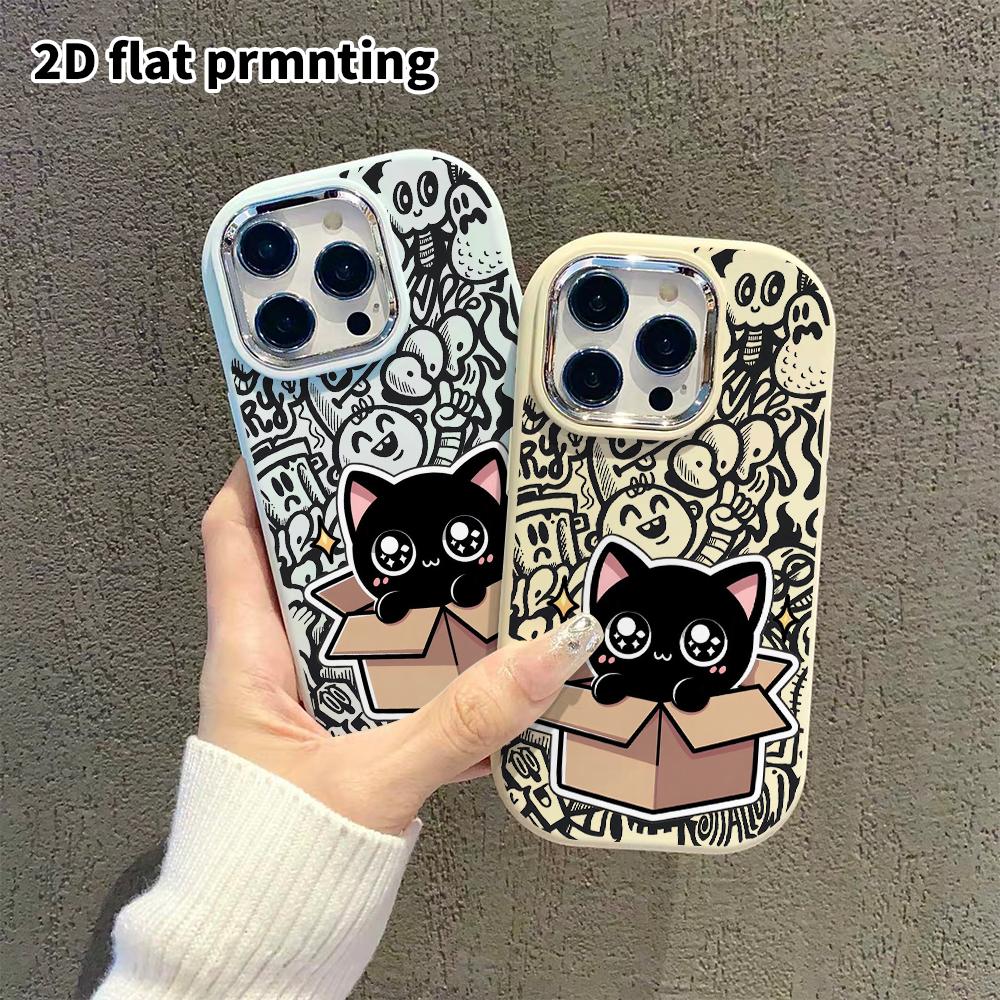Phone Case: 2D flat design suitable for iPhone 18 17 16 15 14 13 Pro, couple style, little black cat, Christmas and Halloween gifts