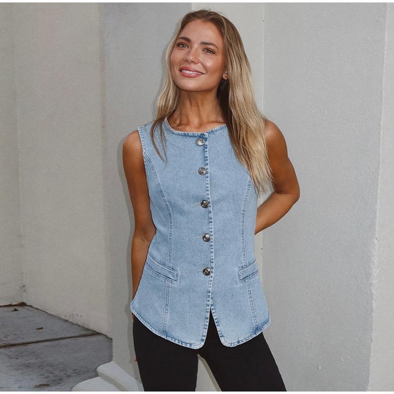 Повседневный женский джинсовый жилет, облегающий, с круглым вырезом, однобортный, на пуговицах, без рукавов, женский, весна 2025, женский винтажный универсальный жилет