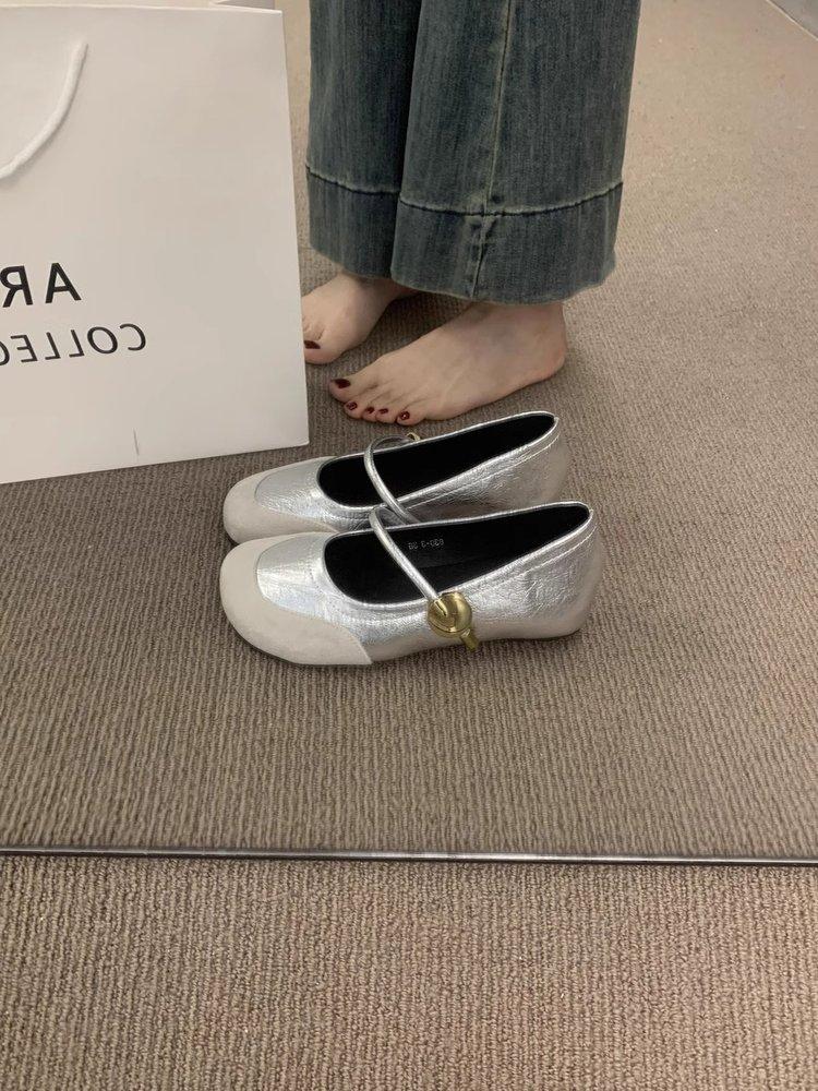 Soft leather version! French retro splicing Mary Jane shoes women's spring and autumn new one-word single shoes with shallow mouth inner height incr