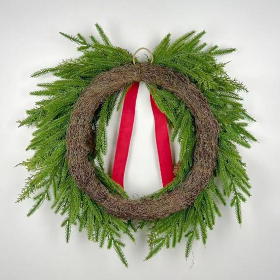 16 Inch Real Touch Norfolk Pine Christmas Wreath for Front Door Faux Cedar Greenery Wreath with Pine Cones And Bows for Wall Window Farmhouse Outdoor