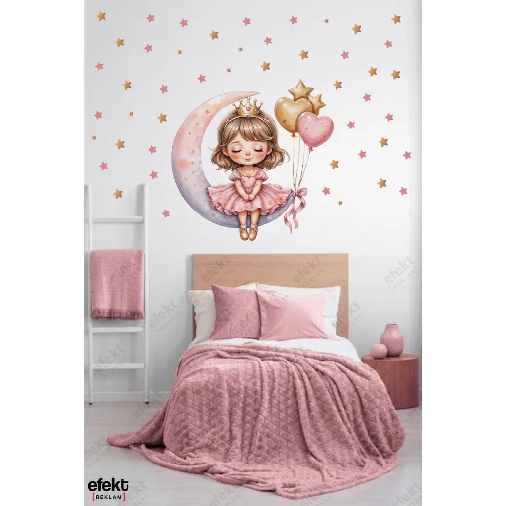 Cute Girl Sitting On The Moon Kids Room Door - Wall Adhesive Sticker Set