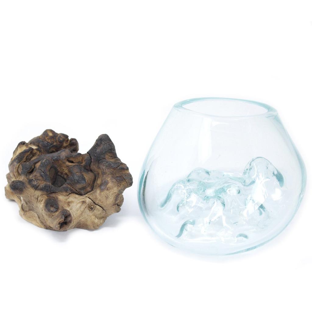 Molten Glass Bowl on Wood Base