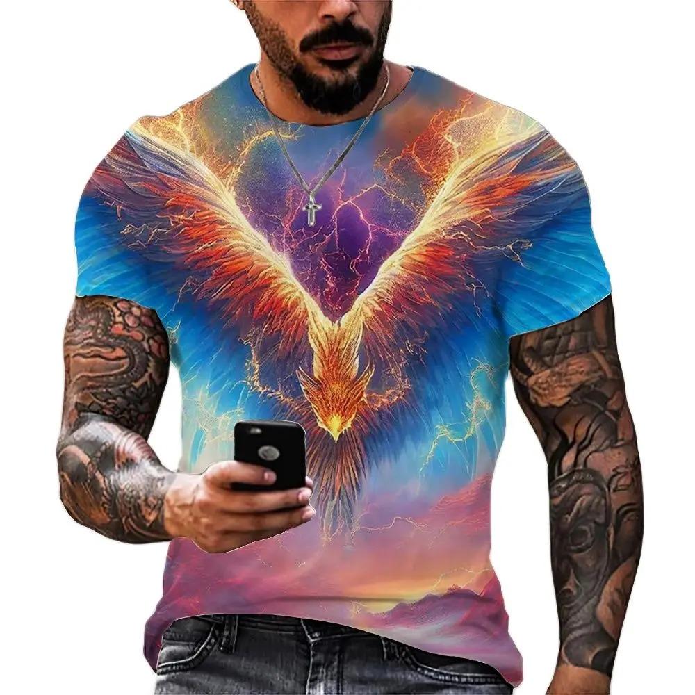 Anime Cartoon Phoenix 3d Printing Gorgeous and Cool Men's Summer Avant-garde Personality Round Neck Short-sleeved Casual T-shirt