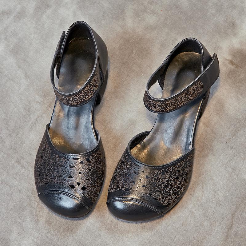 Fashion GKTINOO Genuine Leather Women Sandals Round Toe Summer Shoes Thick Heels Soft Sole Women Shoes 2025 Hollow Mom Sandals