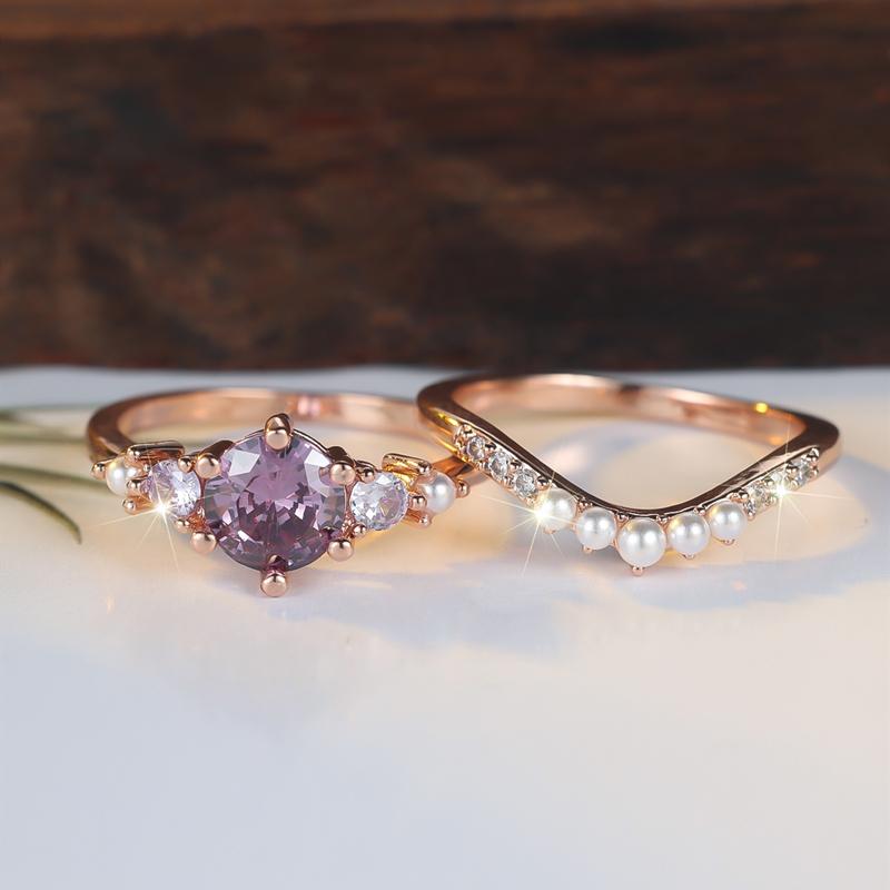 Элегантный круглый фиолетовый циркон искусственный жемчуг кольца набор для женщин изысканный розово-золотой цвет циркон кольцо винтажные ежедневные вечерние украшения лучший подарок