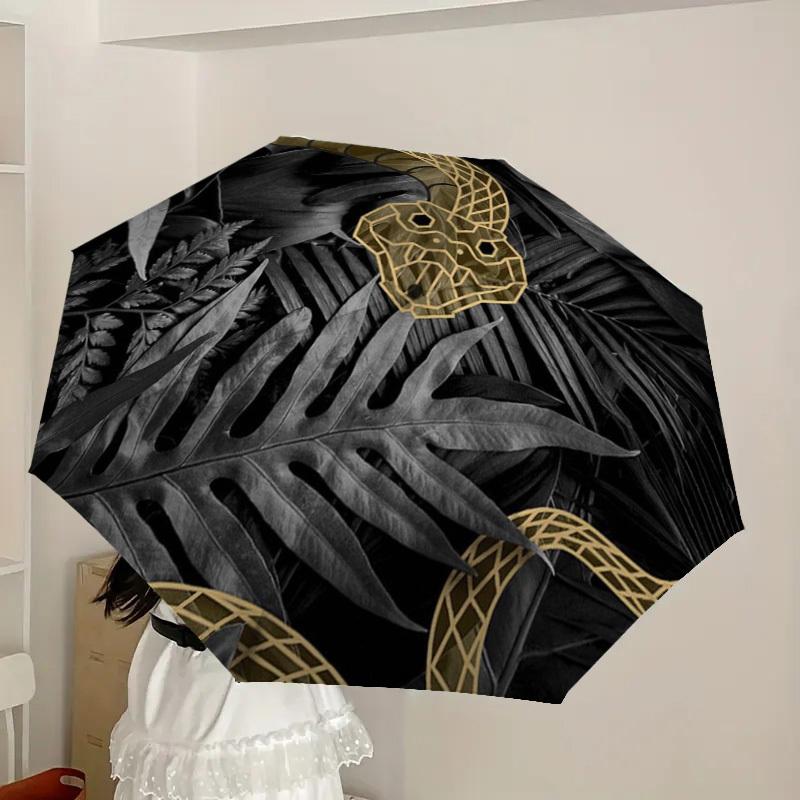 1pc Golden Snake on Dark Leaves Umbrella with Plastic Handle,Suitable for All Seasons Home Travel Outdoor UmbrellaDD832