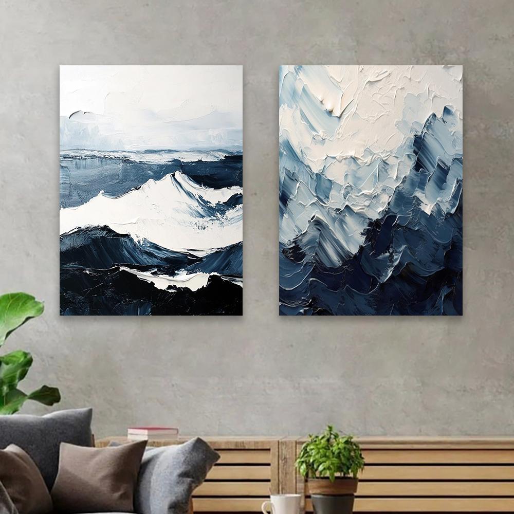 Large Dark Blue Minimalist Texture Abstract Canvas Painting Prints Blue and White Sea Painting Wave Texture Prints Seascape Art