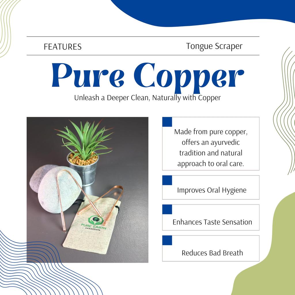 PURE EARTH essentials Медная скребок для языка для взрослых - Уход за полостью рта Натуральный очиститель языка - Медный скребок для языка Аюрведа с чехлом (2шт.упаковка) медь