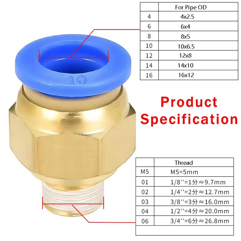 10PCS Pneumatic Air Connector Fitting PC 4mm 6mm 8mm 10mm 12mm Thread 1/8" 1/4" 3/8" 1/2" Hose Fittings Pipe Quick Connectors Ventilation Valves 4