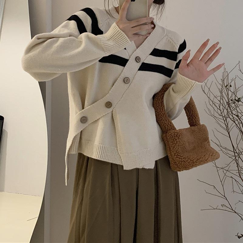 Осенне-зимний женский свитер, короткий полосатый свитер с v-образным вырезом, шикарный вязаный кардиган с длинными рукавами