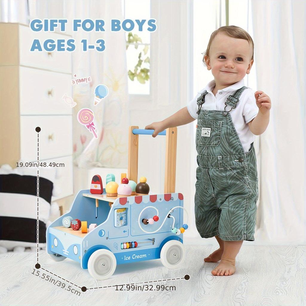 Деревянная детская ходунка, Ходунка-каталка для детей 12 мес.+, Многофункциональная тележка с мороженым, Регулируемая скорость, Обучение ходьбе с колесами