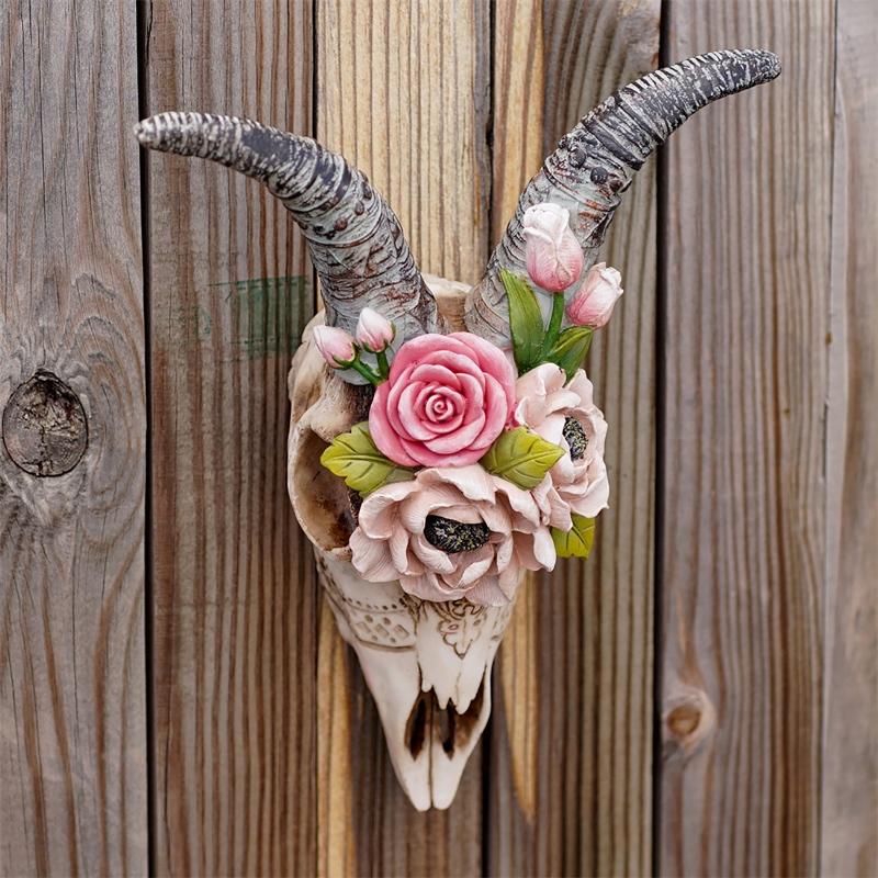 Wall Sculpture Simulation Flower Goat Skull Artwork Props 3D Animal Crafts Decor