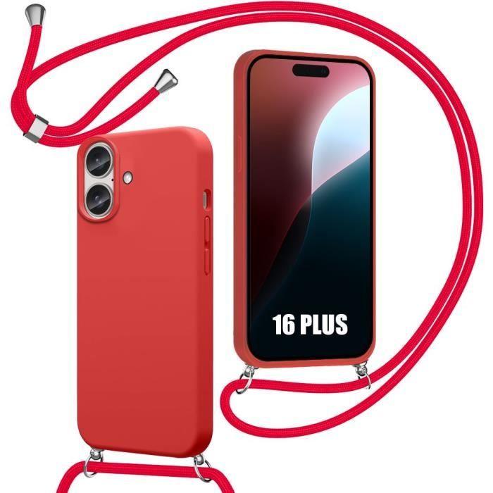 Coque - pour iPhone - 16 Plus - Silicone Liquide Souple - Antichoc - Cordon Rouge