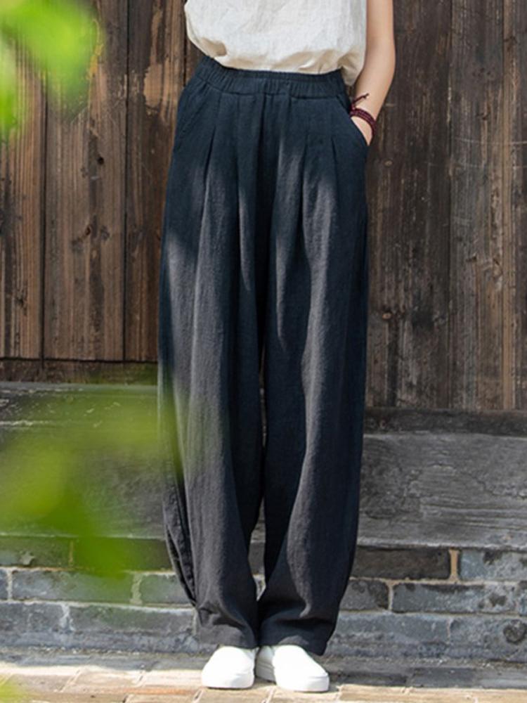 Johnature Women Loose Cotton Linen Casual Pants Solid Color Elastic Waist Lantern Pants Spring Female Trousers