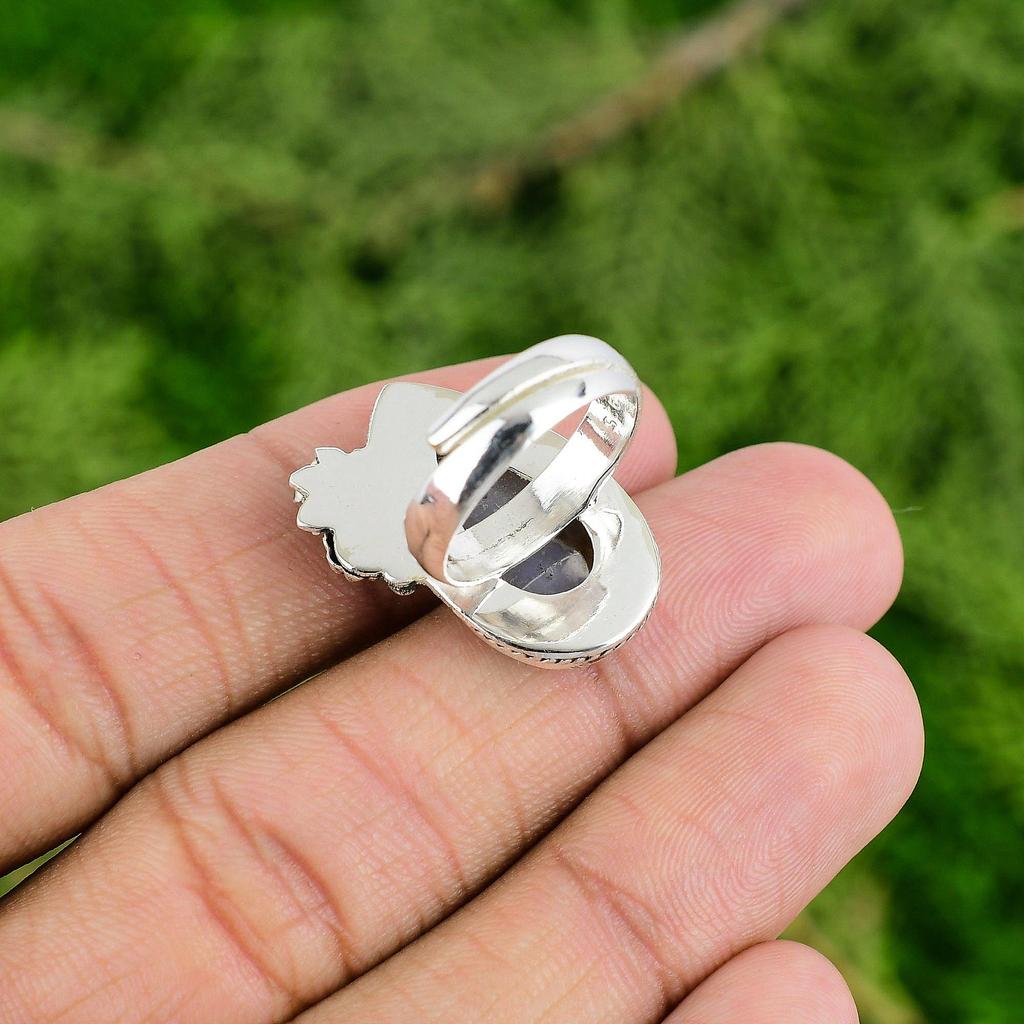 Sterling Silver Pear Ocean Jasper Gemstone Flower Stackable Bezel Ring Jewelry