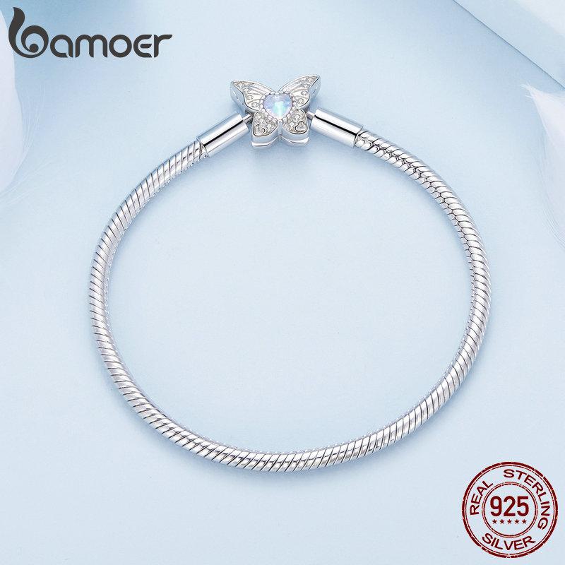 Bamoer Серебряный браслет 925 пробы с лунным камнем, бабочкой, змеей, базовый, с паве из кубического циркония для женщин, бусины и подвески, DIY, тонкие ювелирные изделия