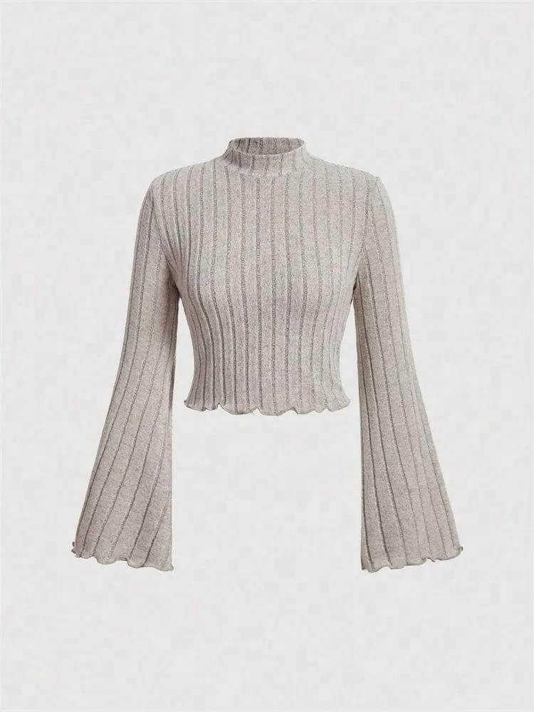 Укороченный топ с длинным рукавом Phumee с воротником-стойкой и рукавами-клеш, рубчатой вязки A1814