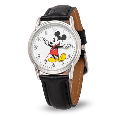 Disney Mickey Mouse Взрослые Классические Часы Cardiff с Подвижными Стрелками, Аналоговые Кварцевые, с Кожаным Ремешком, Черные, Часы Mickey Cardiff 2 - Серебристый КорпусЧерный