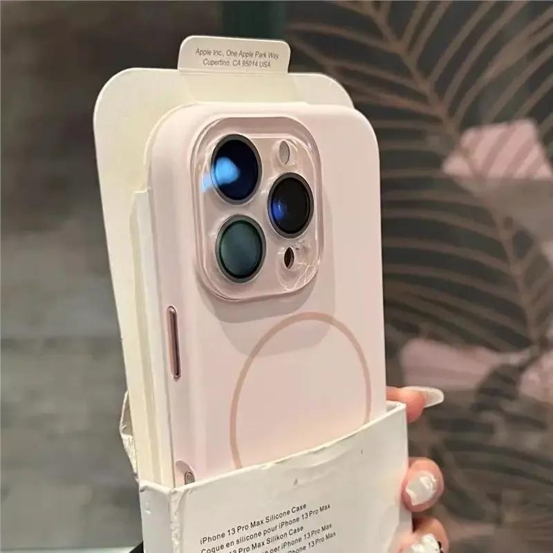 Роскошный Жидкий Силикон Для Magsafe Чехол для iPhone 16 14 13 11 12 15 16 17ProMax Магнит Беспроводная Зарядка Защита Стеклянной Линзы Крышка
