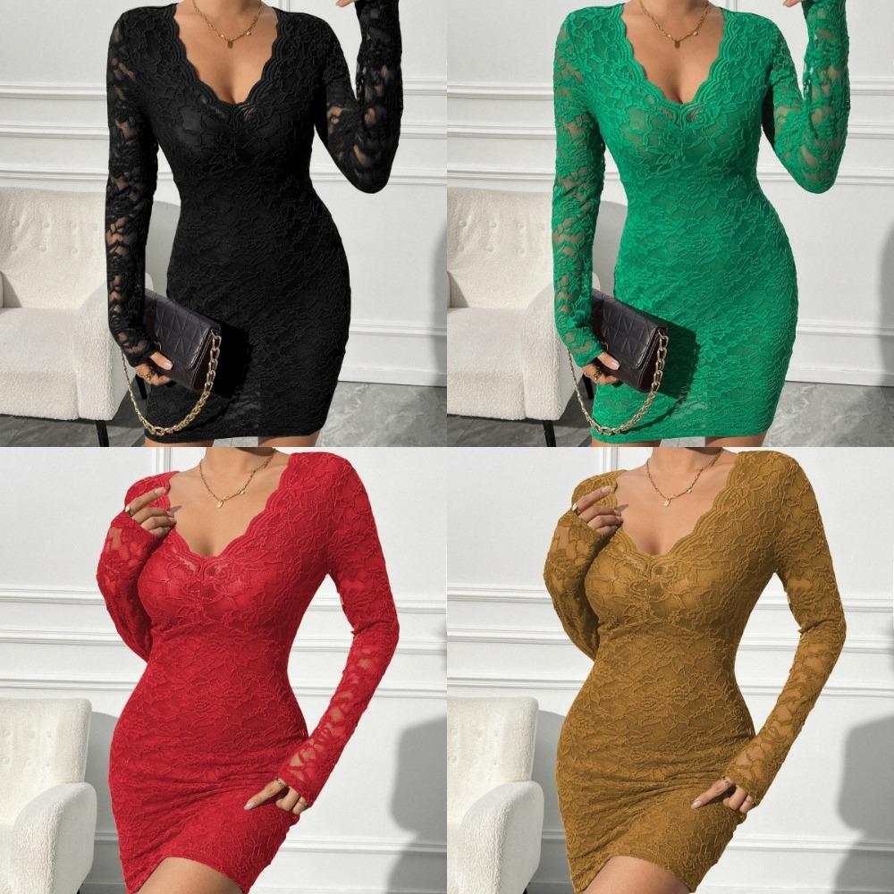 Весенние женские платья с V-образным вырезом, сексуальные, кружевные, тонкие, с длинным рукавом