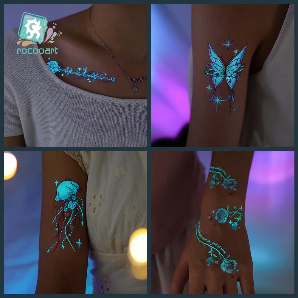 Blue Luminous Rose & Butterfly Collarbone Tattoo Sticker
