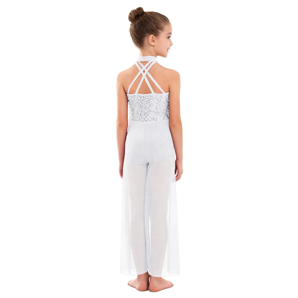 Женский комбинезон без рукавов с воротником-стойкой, перекрещивающимися бретелями на спине, блестящими пайетками, сетчатыми вставками и широкими штанинами, для лирического танца