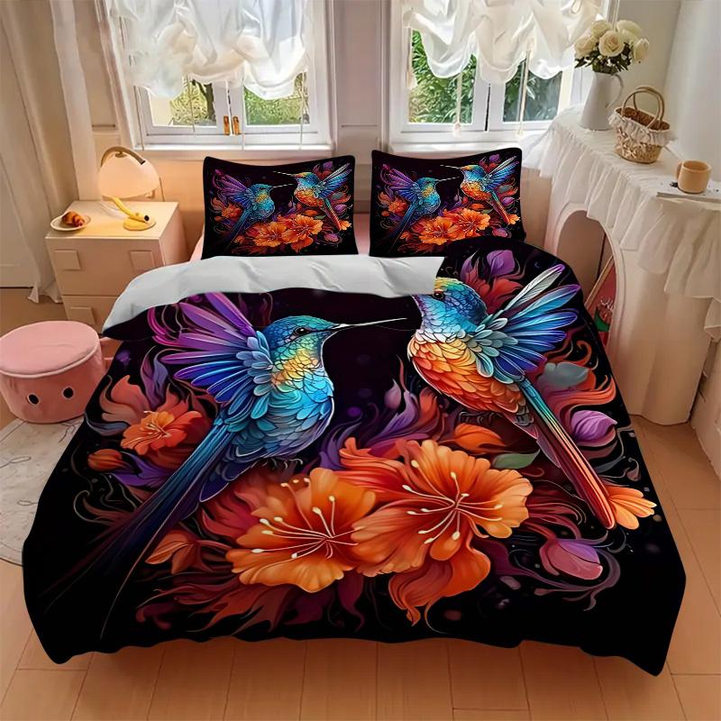 3pcs Colorful Hummingbirds Amidst Vibrant Flowers Quilt Set Cartoon Themed Bed Quilt Set Lovely Character Bedroom Decor Bed Quilt Set Four Season