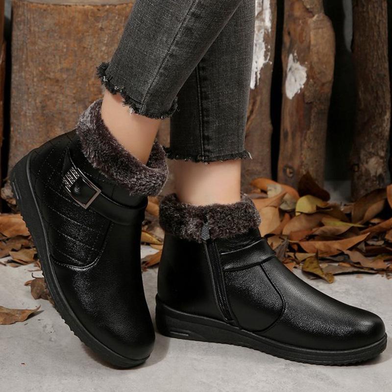 Fashion Retro Faux Pu Leather Snow Boots Women Winter 2025 Zipper Up Wedges Snow Boots Woman Anti Slip Furry Warm Booties Female