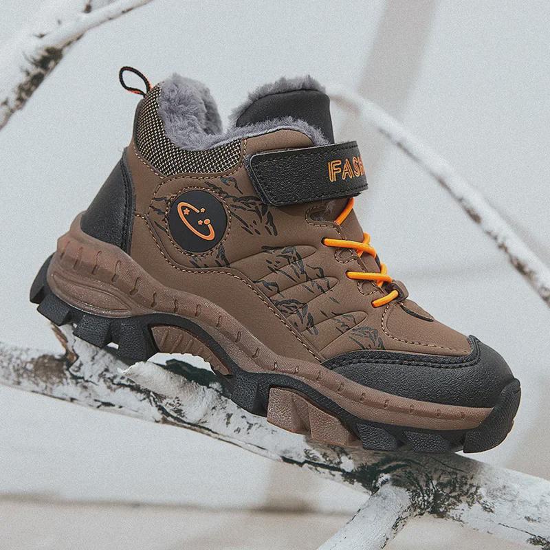 Зимняя спортивная обувь из хлопка для мальчиков 2024 года: Модные кожаные кроссовки для альпинизма для детей старшего возраста