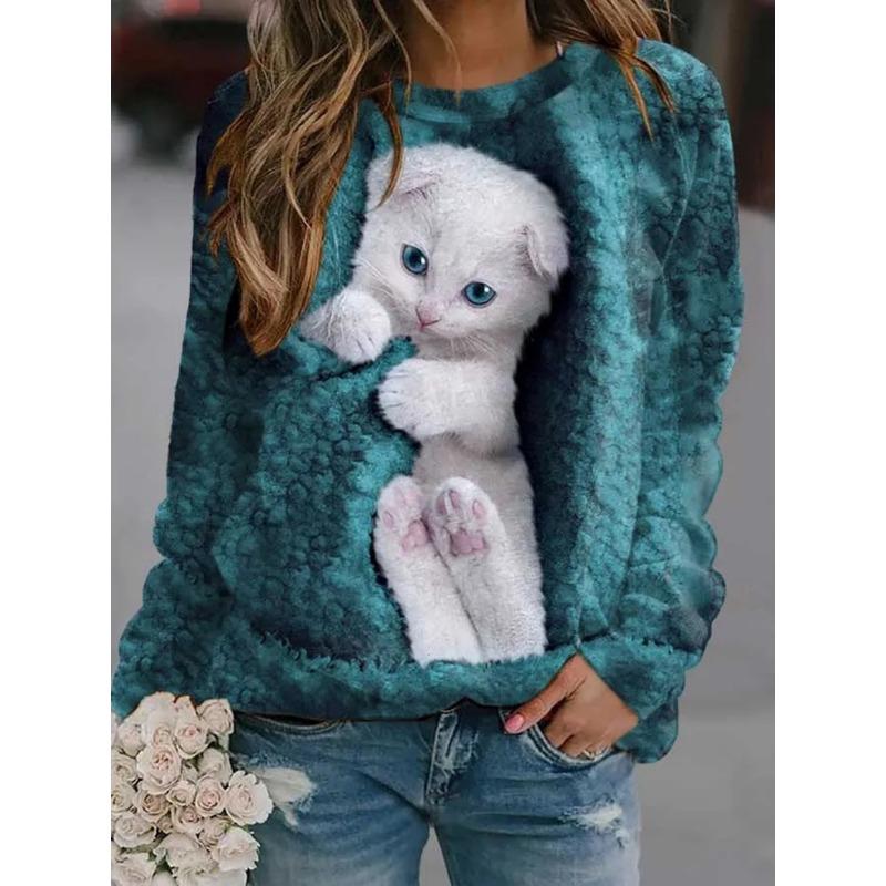 Осенний женский свободный пуловер с принтом животных, длинный рукав, круглый вырез, женский пуловер