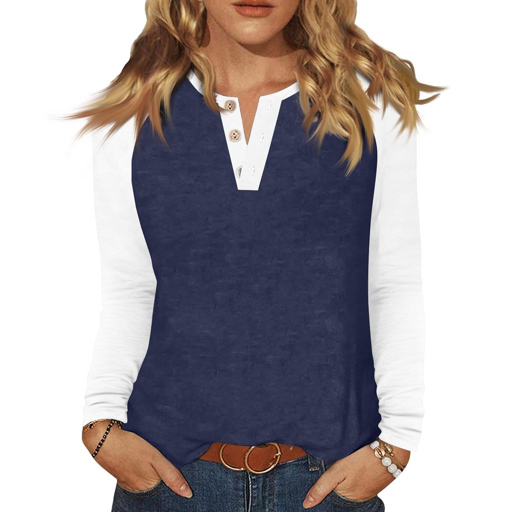 Женская футболка колор-блок на пуговицах с длинным рукавом, повседневная, для выходных, модная, базовая, с V-образным вырезом, обычная
