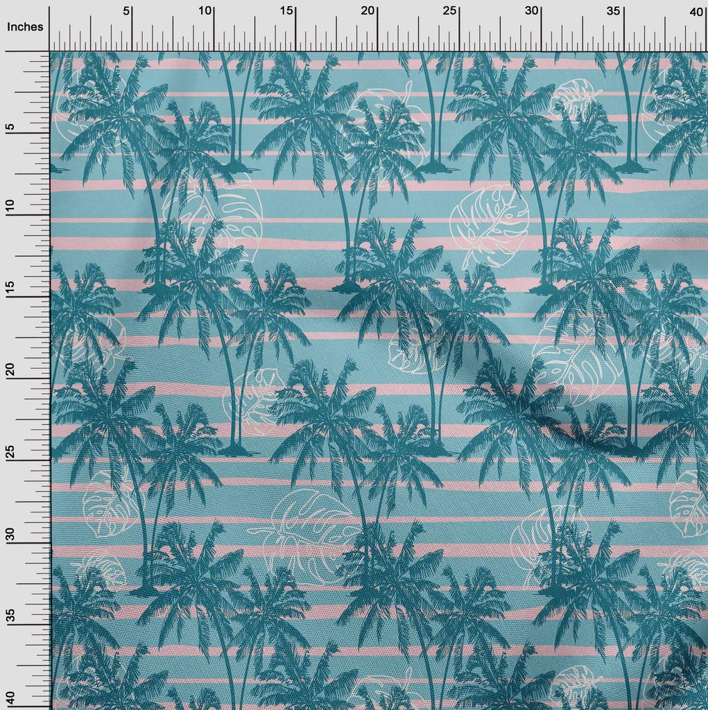 oneOone Cotton Flex Dark Teal Green Fabric Tropical Plam Tree With Stripes Sewing Material Print Fabric By The Yard 40 Inch