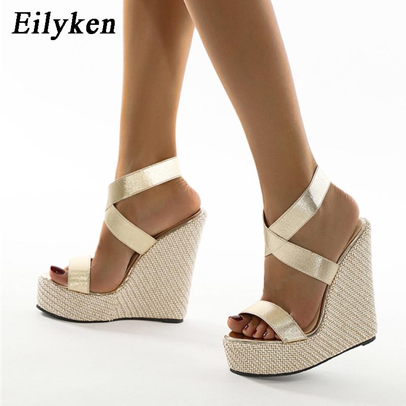 Fashion Eilyken Super High Peep Toe Gladiator Wedges Sandals Women Cover Heel Platform Fashion Summer Shoes Size 35-42