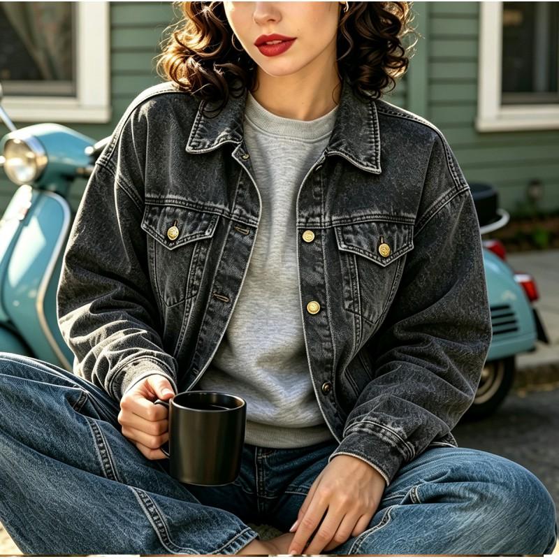 2026 Fall Loose Fit Denim Jacket Womens Printed Distressed Biker Style Outerwear