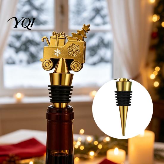 Zinc Alloy Wine Bottle Stopper Christmas with Silicone Ring, Stainless Steel Decorative Sealer, Festive Kitchen Gadget for Snowflake/Car/Train/Elf