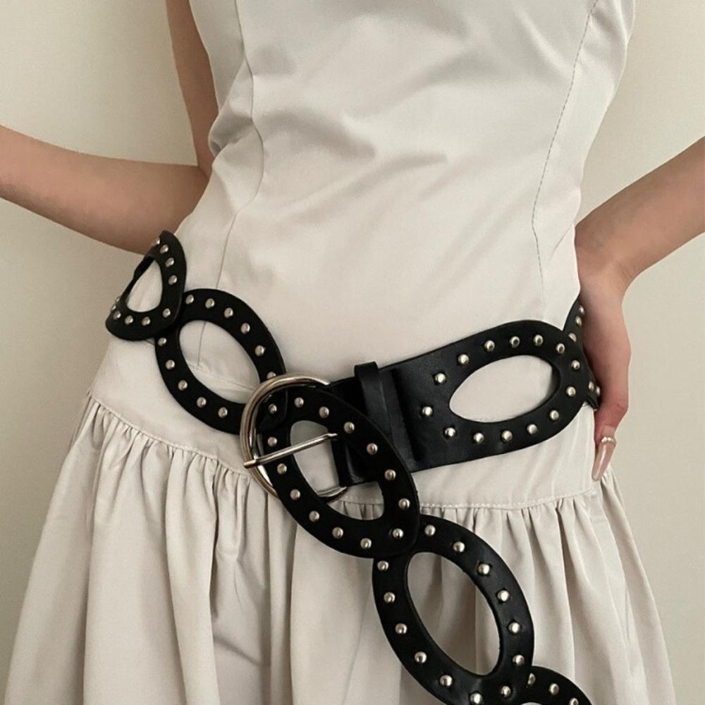 Adjustable Cowgirl Waist Belt Hollow Out Rivet Waist Belt PU Leather Waistbands Dress Decoration