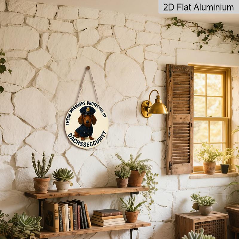 2D Flat 1pc, 8x8 in, Dachshund Officer-Themed Round Aluminum Metal Sign - "Dachshund Protection By Officer" Wall Decor for Home, Garage, Farmhouse