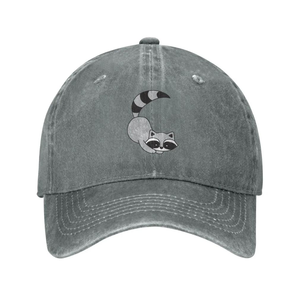 Cute Gray Racoon Vintage Adjustable Washed Denim Cotton Low Profile Mens Dad Trucker Hat Fitted Baseball Ball Cap for Men Unisex