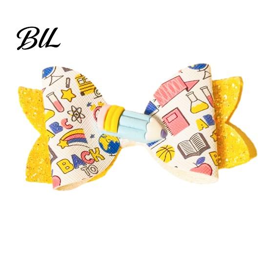 Back to School Party Hair Accessories Glitter Bow Clips for Girls, Double Layer Artificial Leather Non Slip Fine Pin, Lightweight with Secure