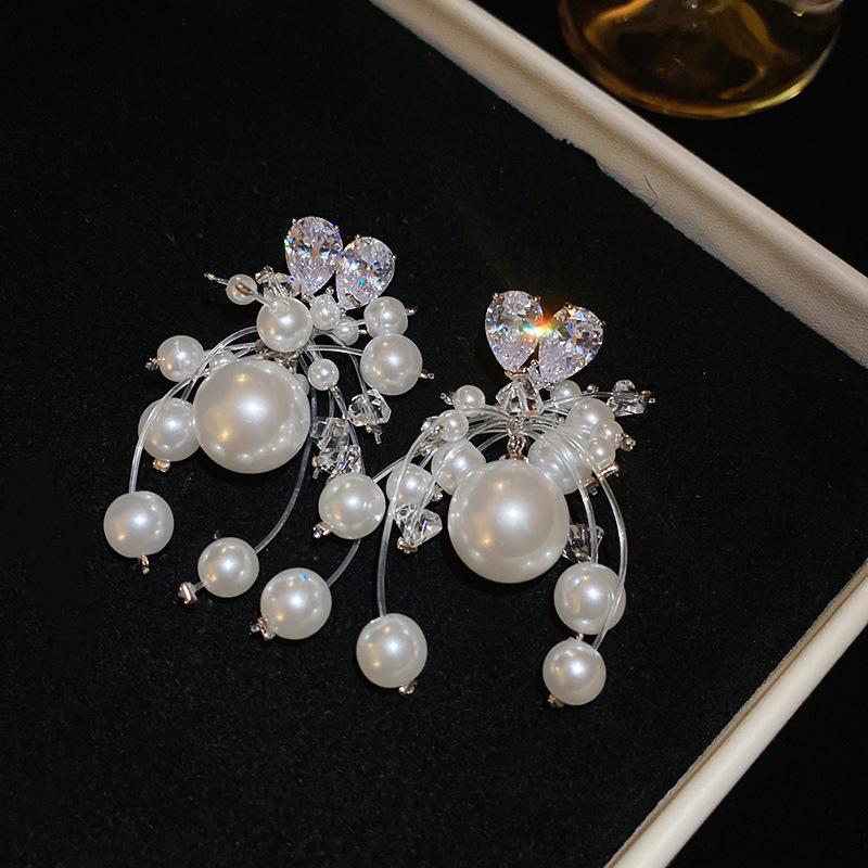 Серьги-кисточки из циркона и жемчуга «Серебряная игла» - Элегантный ретро-дизайн для женщин