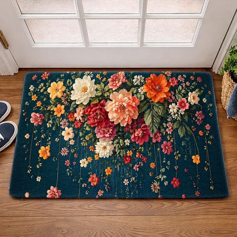 Vintage Floral Art Door Mat Colorful Peony Blossom Wildflower Pattern Print Front Door Entryway Hallway Home Decor Floor Carpet