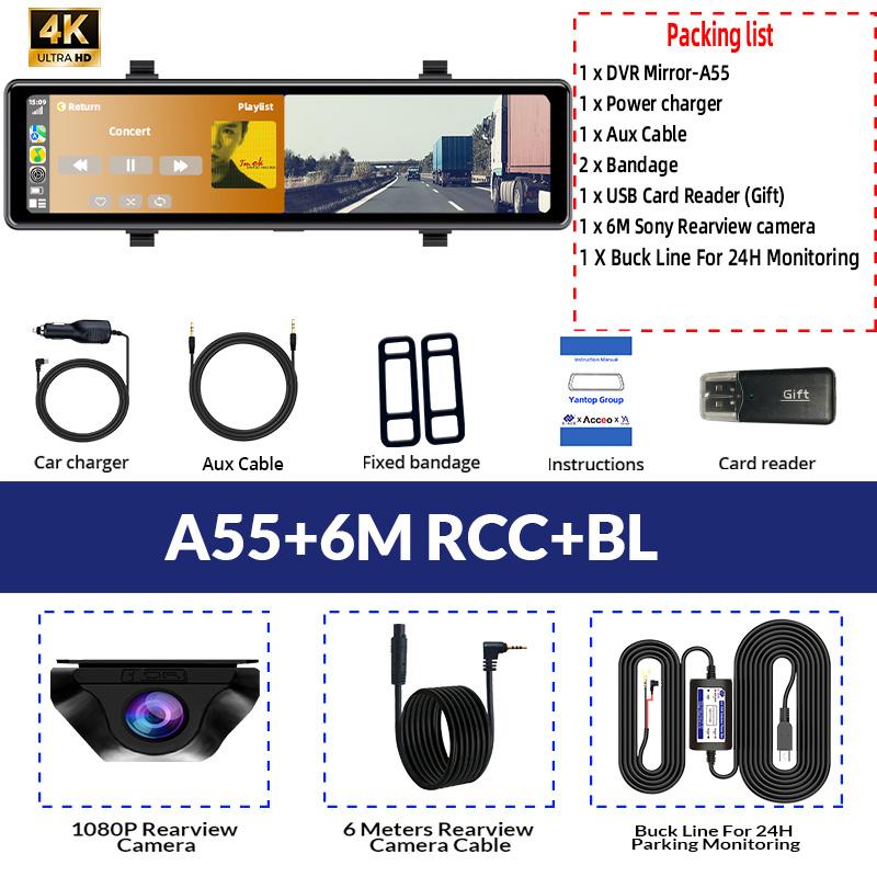 E-ACE 12-дюймовый 4K Carplay&Android Auto Car DVR Dash Cam Stream Mirror Video Recorder 1080P Зеркало заднего вида 5G Wifi/GPS/BT/FM AUX