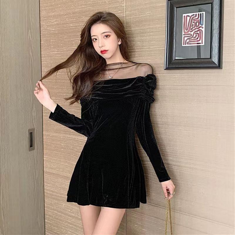 One-word shoulder mesh splicing red long-sleeved dress women's autumn and winter temperament sexy waist a-word dress short skirt